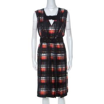 Pre Owned Prada Black and Red Plaid Printed Silk Sleeveless Belted Dress M 