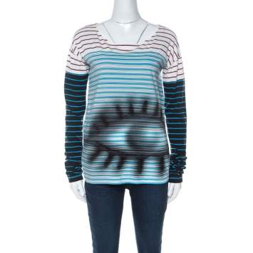 Pre Owned Prada Multicolor Stripes And Eye Print Cotton Long Sleeve T-Shirt XS