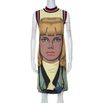 Pre Owned Prada Yellow Face Print Crepe Sleeveless Knee Length Dress S