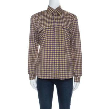 Pre Owned Prada Purple and Yellow Checked Cotton Button Front Shirt S