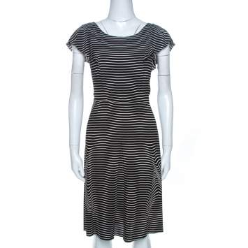 Pre Owned Prada Black and White Crepe Illusion Stripe Butterfly Sleeve Dress M