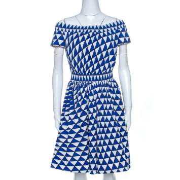 Pre Owned Prada Blue and White Geometric Printed Cotton Off Shoulder Dress M