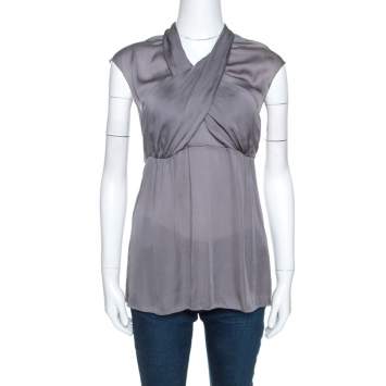 Pre Owned Prada Grey Silk Draped Front Short Sleeve Tunic Top M 