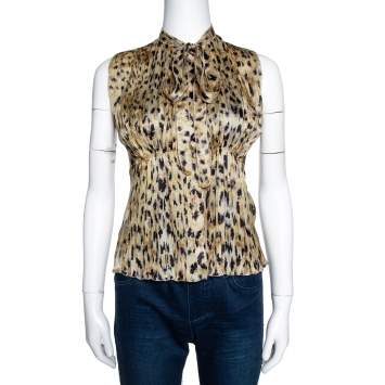 مملوكة مسبقًا Prada Beige Printed Silk Gathered Bow Tie Detail Blouse S