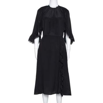 Pre Owned Prada Black Silk Lace Trim Ruffled Midi Dress M