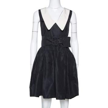 Pre Owned Prada Black Silk Faille Belted Flared Dress M