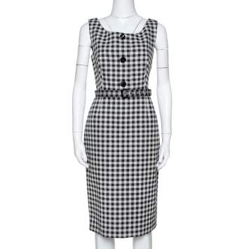 Pre Owned Prada Cream & Black Checked Wool Blend Sheath Dress M