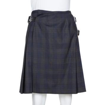 Pre Owned Prada Black Plaid Wool Blend Buckled Wrap Skirt S
