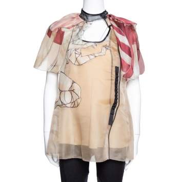 Pre Owned Prada Beige Silk Organza Girl Appliqued Sheer Blouse L
