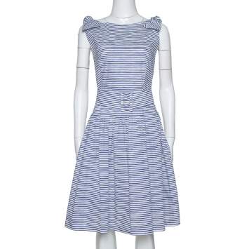 Pre Owned Prada Blue & White Striped Cotton Belted Knee Length Dress M