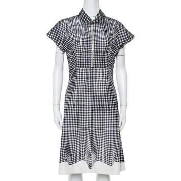 Pre Owned Prada Monochrome Check Print Silk A-Line Dress M