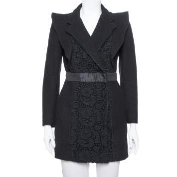 مملوكة مسبقًا Prada Black Wool & Lace Paneled Coat S