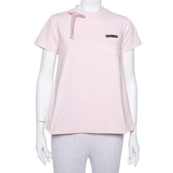 مملوكة مسبقًا Prada Light Pink Cotton Bow Detail Crewneck T Shirt S