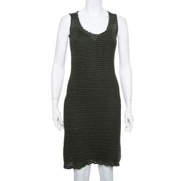 Pre Owned Prada Green Crochet Knit Sleeveless Midi Dress S