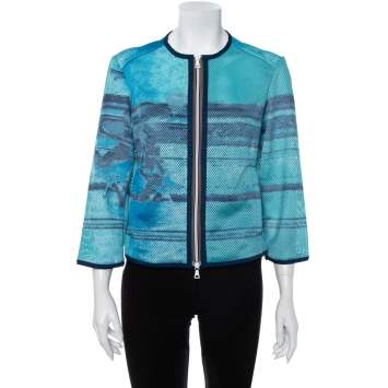 Pre Owned Prada Blue Abstract Print Perforated Zip Front Jacket L