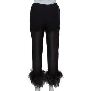 Pre Owned Prada Black Silk Feather Trim Detail Cropped Trousers S