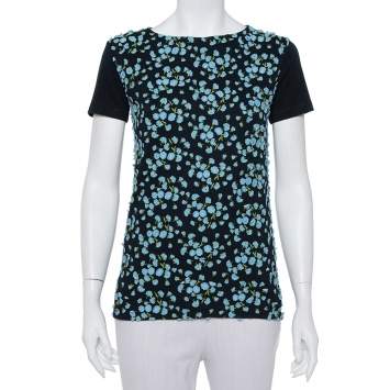 مملوكة مسبقًا Prada Navy Blue Knit Applique Detail Short Sleeve T-Shirt XS