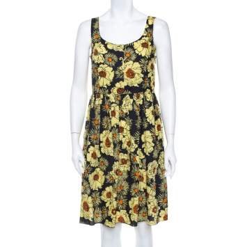 Pre Owned Prada Yellow Floral Printed Cotton Sleeveless Midi Dress M