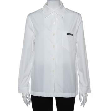 مملوكة مسبقًا Prada White Cotton Triangle Logo Detail Button Front Shirt S