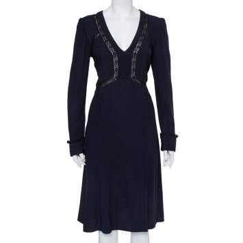Pre Owned Prada Midnight Blue Crepe Lace Trim Midi Dress M