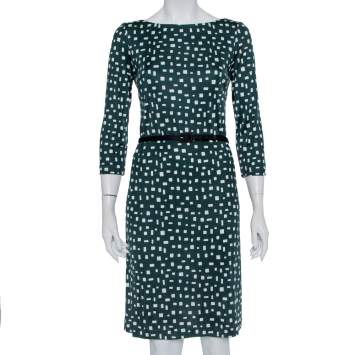 Pre Owned Prada Green Printed Silk Knit Belted Shift Dress M
