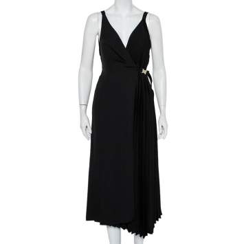 Pre Owned Prada Black Crepe Plisse Detail Sleeveless Belted Wrap Dress M