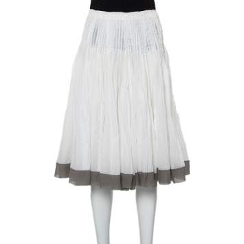 مملوكة مسبقًا Prada Vintage White Cotton Contrast Trim Pleated Midi Skirt S
