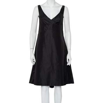 Pre Owned Prada Black Synthetic Sleeveless Faux Wrap Midi Dress L