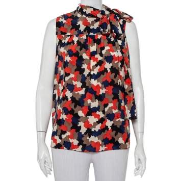 مملوكة مسبقًا Prada Multicolor Camo Printed Silk Neck Tie Detail Sleeveless Top M