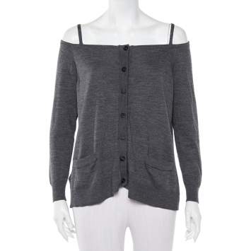 Pre Owned Prada Grey Wool Button Front Cold Shoulder Cardigan S