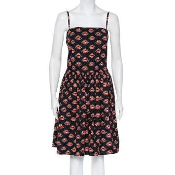 Pre Owned Prada Black Lips Printed Cotton Waist Tie Detail Sleeveless Mini Dress S