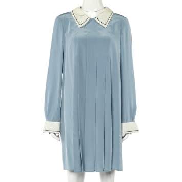 Pre Owned Prada Powder Blue Silk Sequin Embellished Trim Pleated Mini Dress M