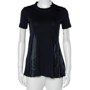 مملوكة مسبقًا Prada Navy Blue Cotton Knit & Satin Paneled Bow Detail T-Shirt XS