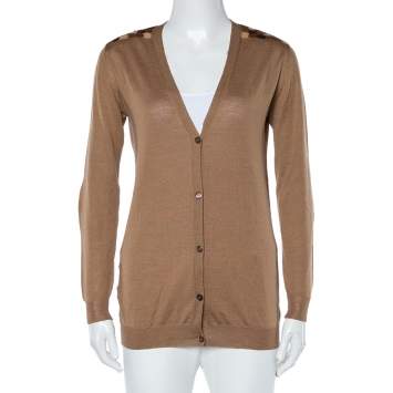 Pre Owned Prada Camel Brown Wool Contrast Detail Button Front Cardigan S