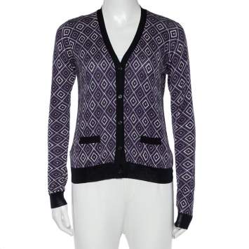 Pre Owned Prada Purple Geometric Patterned Wool & Silk Button Front Cardigan S