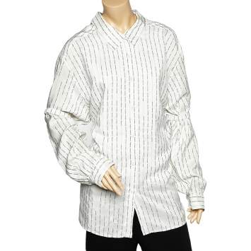 مملوكة مسبقًا Prada White Logo Printed Neck Strip Detail Oversized Shirt XL