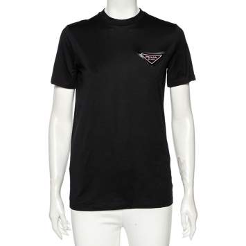 Pre Owned Prada Black Cotton Logo Patch Detailed Short Sleeve Crewneck Jersey T-Shirt XS