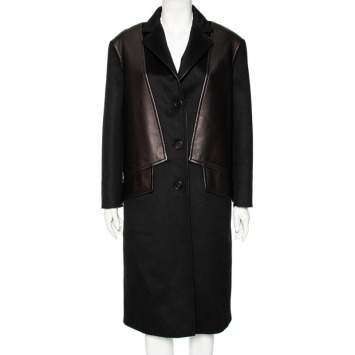 Pre Owned Prada Black Wool And Leather Paneled Button Front Long Coat S