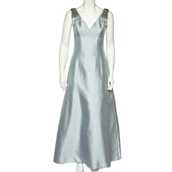 Pre Owned Prada Icy Blue Wool & Silk Embellished Detail Sleeveless Gown S