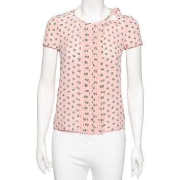 Pre Owned Prada Pink Dice Printed Silk Pleated Yolk Detail Short Sleeve Blouse S