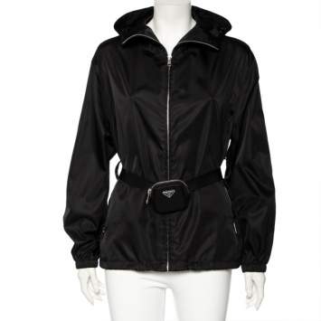 Pre Owned Prada Black Re-Nylon Hooded Zip Front Caban Jacket M