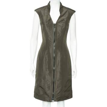 Pre Owned Prada Dark Green Synthetic Sleeveless Sheath Dress S