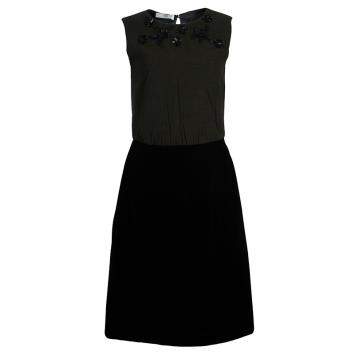 Pre Owned Prada Green Tweed-Velvet Embellished Dress M