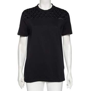 مملوكة مسبقًا Prada Black Cotton Embroidered Detail Short Sleeve T-Shirt L