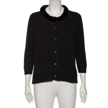 Pre Owned Prada Black Cashmere & Fur Trimmed Neck Detail Button Front Cardigan L