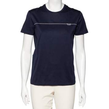 مملوكة مسبقًا Prada Navy Blue Cotton Logo Printed Short Sleeve T-Shirt S