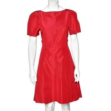 Pre Owned Prada Red Silk Taffeta Pleated Midi Dress S