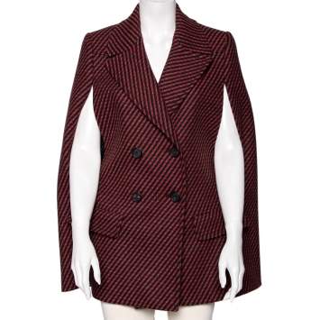Pre Owned Prada Red & Black Pattered Wool Double Breasted Cape Coat M