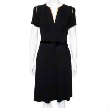 Pre Owned Prada Black Crepe & Leather Trimmed Ruched Waist Detailed Belted Dress M