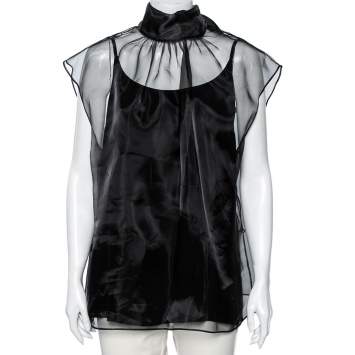 Pre Owned Prada Black Silk Tulle Neck Tie Detailed Sleeveless Organza Blouse L